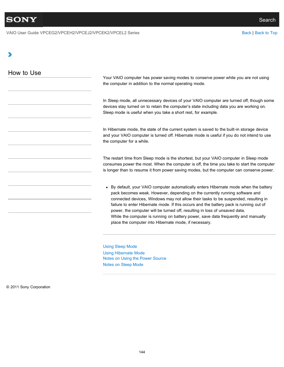 About power saving mode, Details, How to use | Sony VPCEL2 Series User Manual | Page 144 / 360