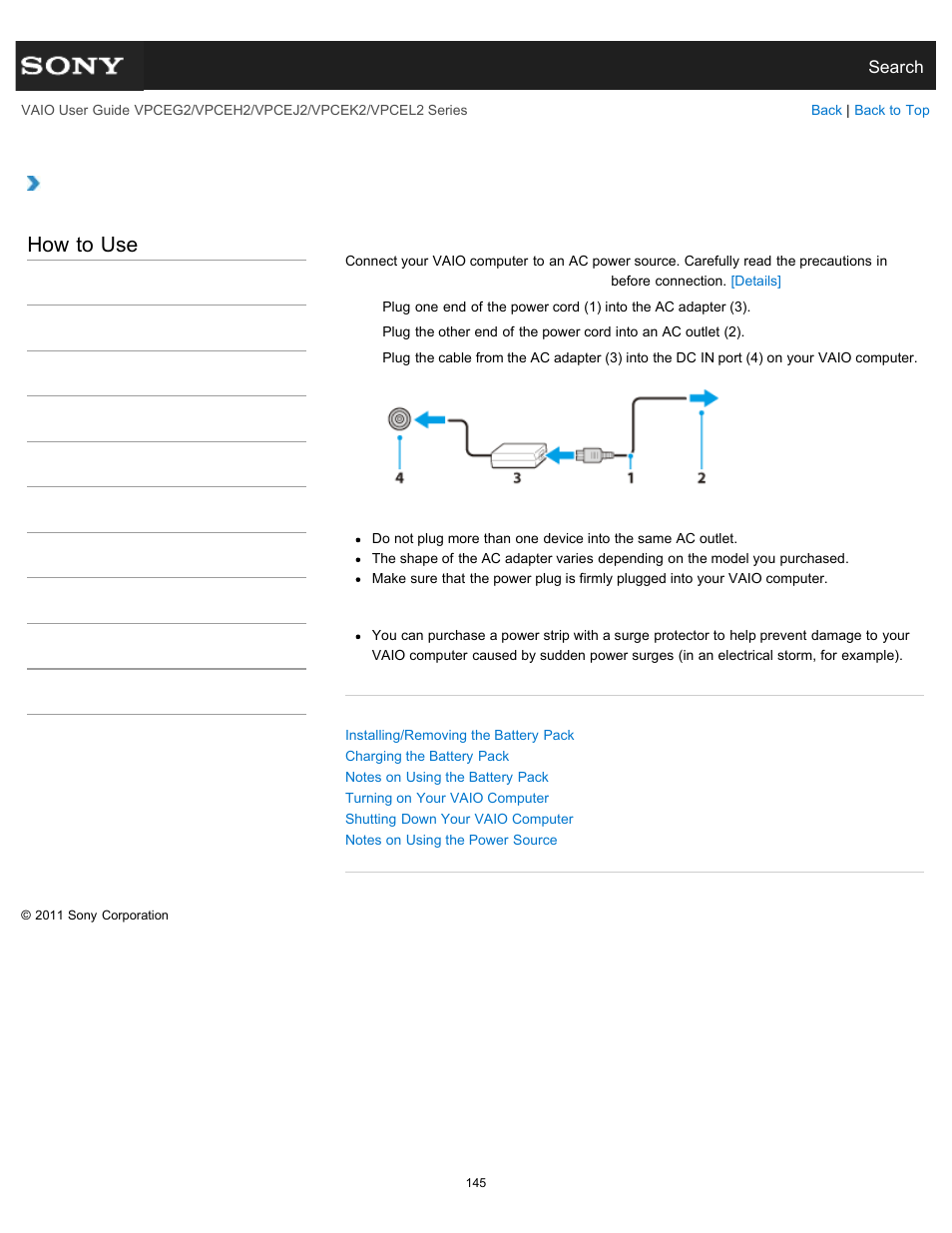 Connecting a power source, Details, How to use | Sony VPCEL2 Series User Manual | Page 145 / 360