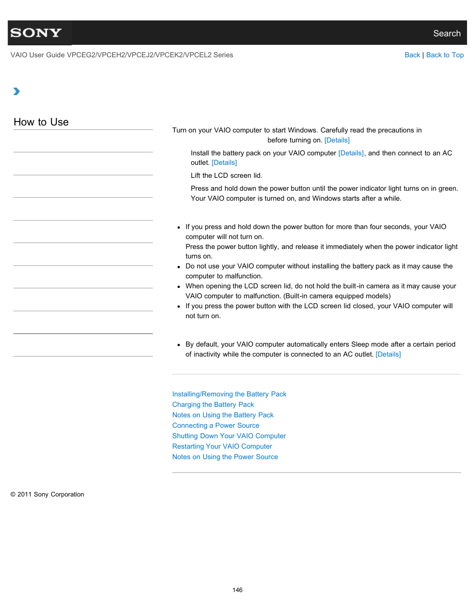 Turning on your vaio computer, How to use | Sony VPCEL2 Series User Manual | Page 146 / 360