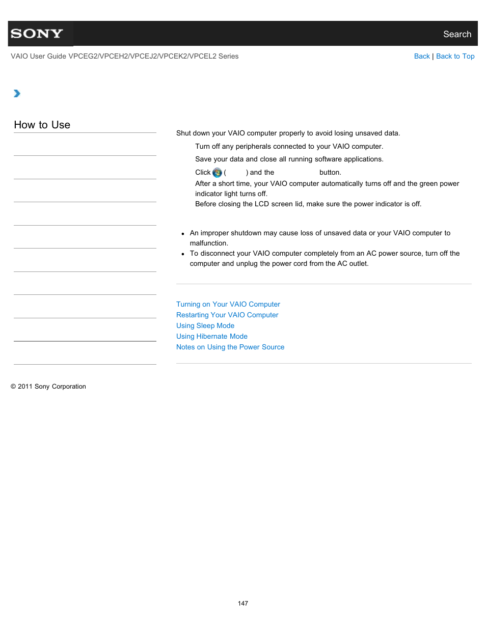 Shutting down your vaio computer, How to use | Sony VPCEL2 Series User Manual | Page 147 / 360