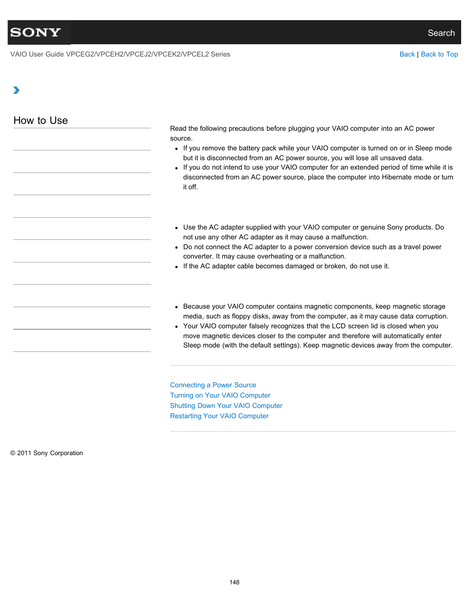 Notes on using the power source, Details, How to use | Sony VPCEL2 Series User Manual | Page 148 / 360