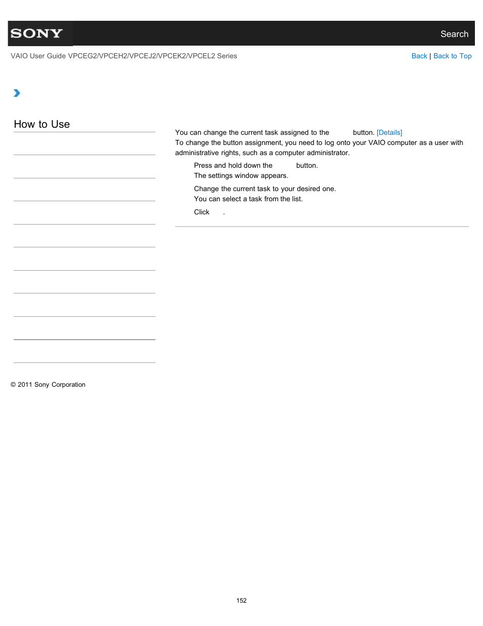 Changing the button assignment (vaio button), Details, How to use | Sony VPCEL2 Series User Manual | Page 152 / 360