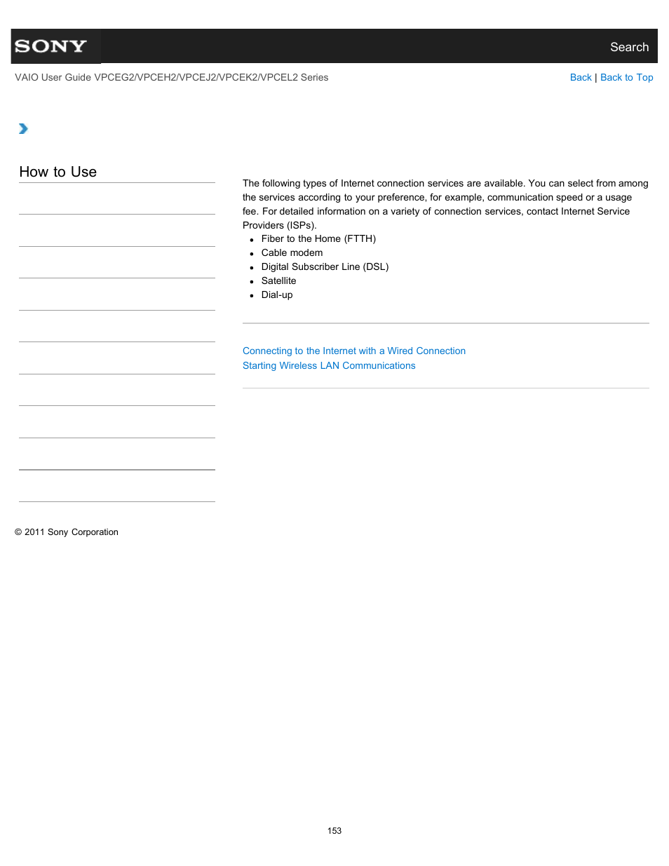 About the internet connection services, How to use | Sony VPCEL2 Series User Manual | Page 153 / 360