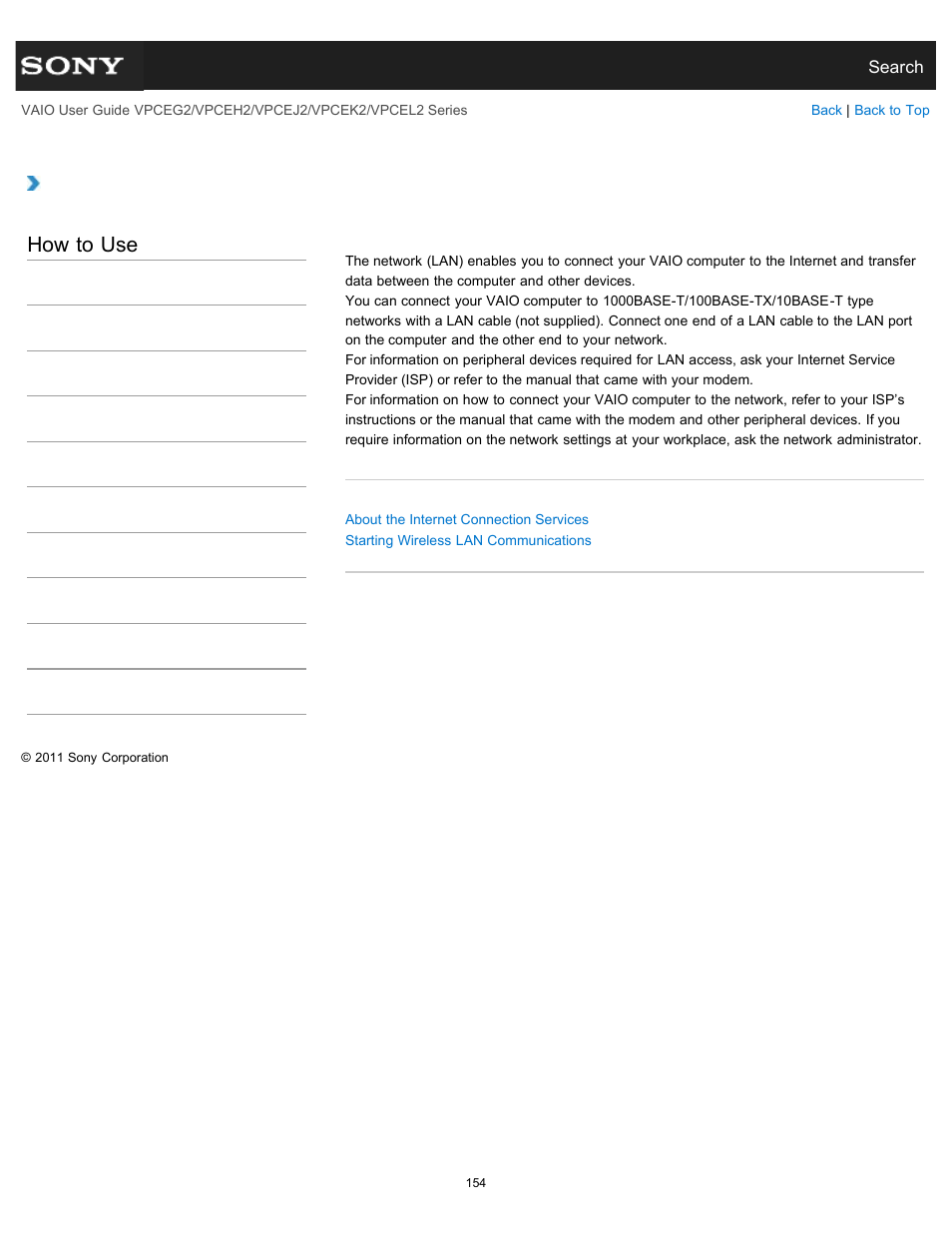 About the network (lan), How to use | Sony VPCEL2 Series User Manual | Page 154 / 360