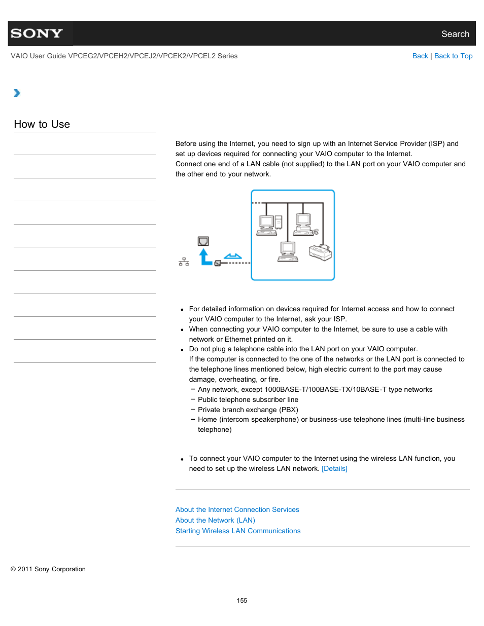 Connecting to the internet with a wired connection, Details, How to use | Sony VPCEL2 Series User Manual | Page 155 / 360