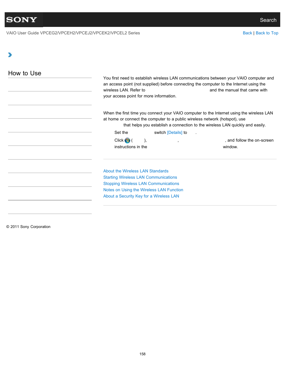 Before using the wireless lan, How to use | Sony VPCEL2 Series User Manual | Page 158 / 360