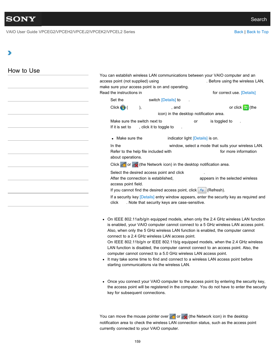 Starting wireless lan communications, How to use | Sony VPCEL2 Series User Manual | Page 159 / 360