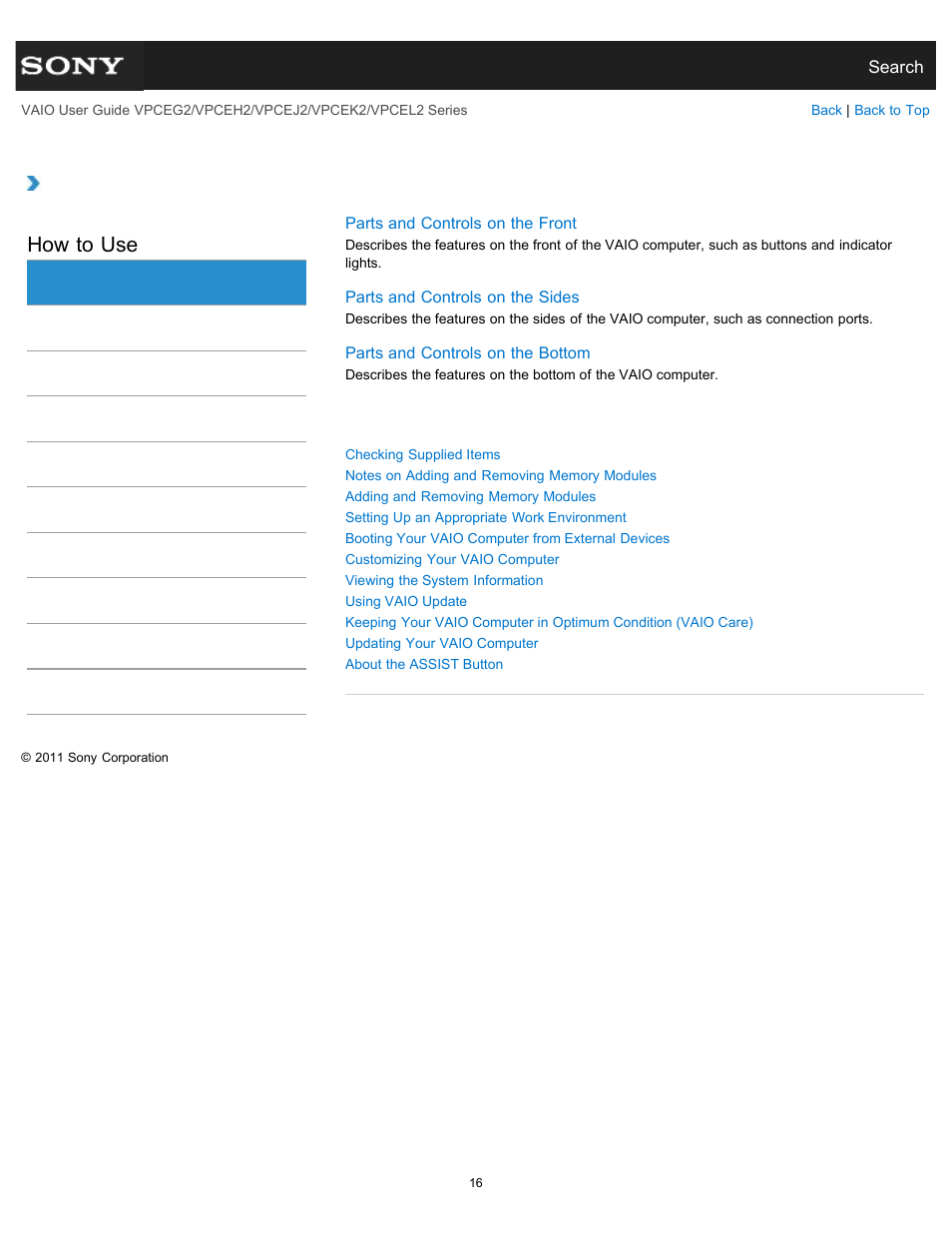 Vaio computer, How to use | Sony VPCEL2 Series User Manual | Page 16 / 360
