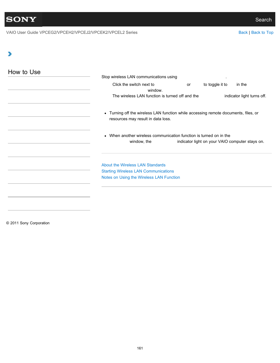 Stopping wireless lan communications, How to use | Sony VPCEL2 Series User Manual | Page 161 / 360