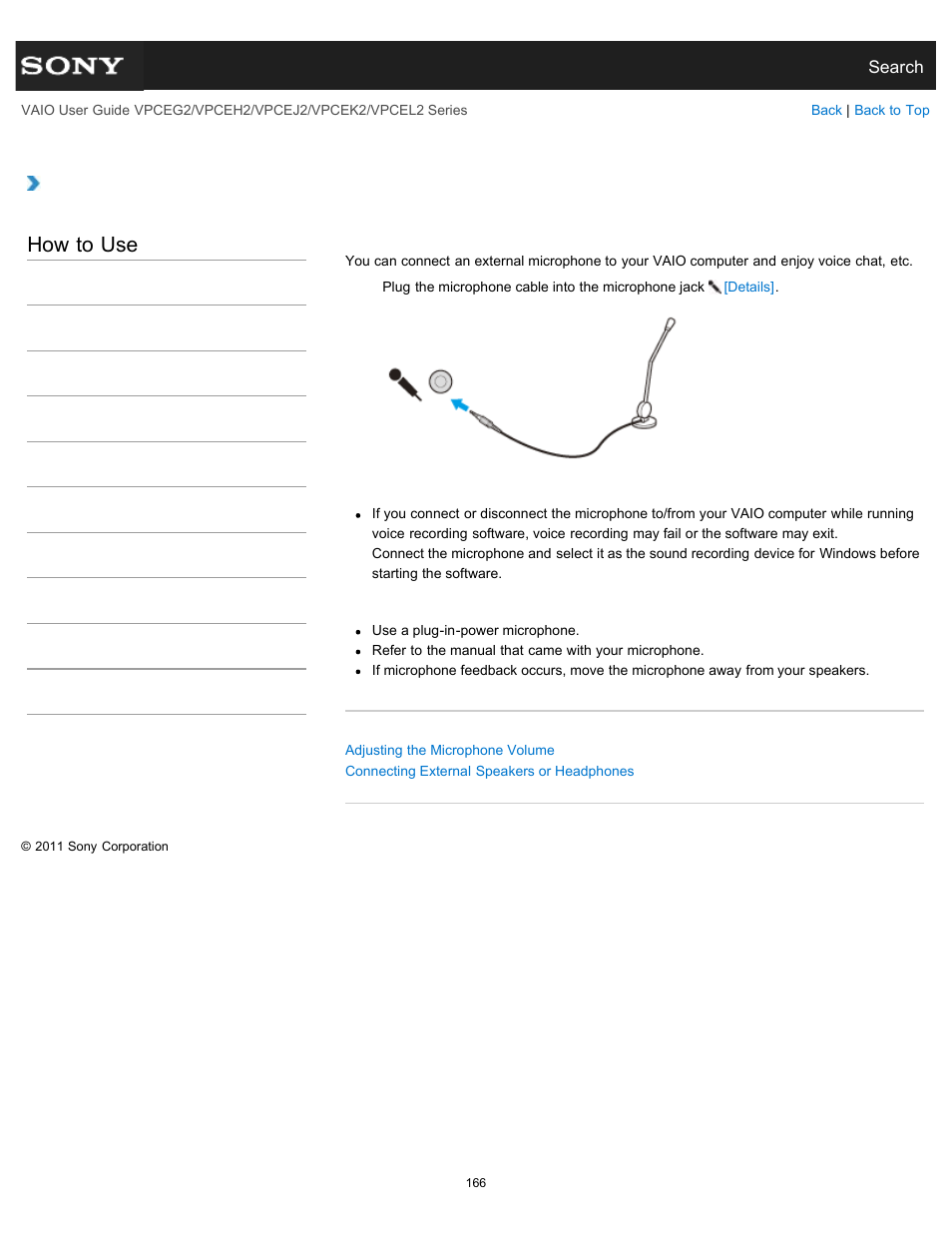 Connecting an external microphone, Details, How to use | Sony VPCEL2 Series User Manual | Page 166 / 360