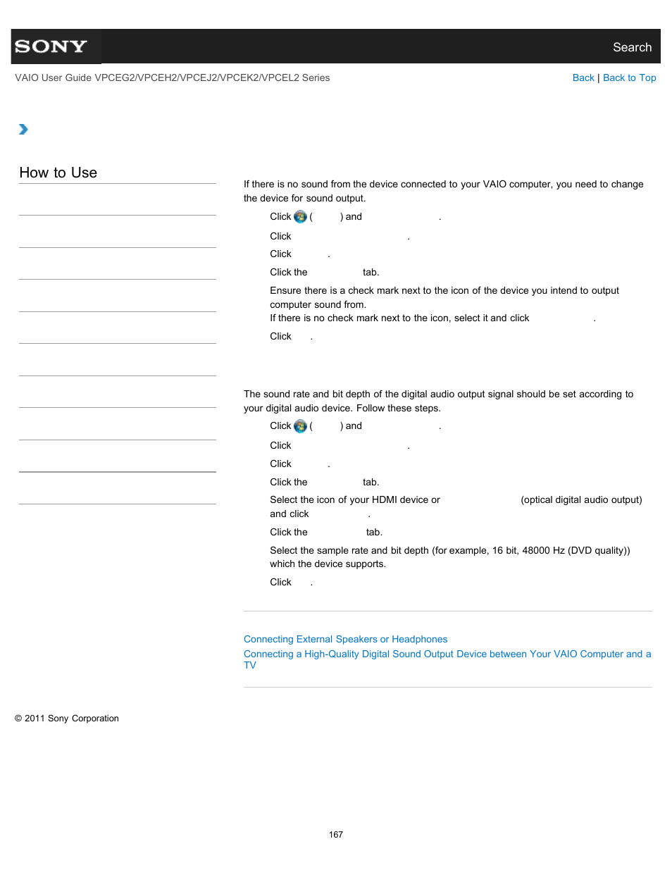 Changing the sound output device, How to use | Sony VPCEL2 Series User Manual | Page 167 / 360