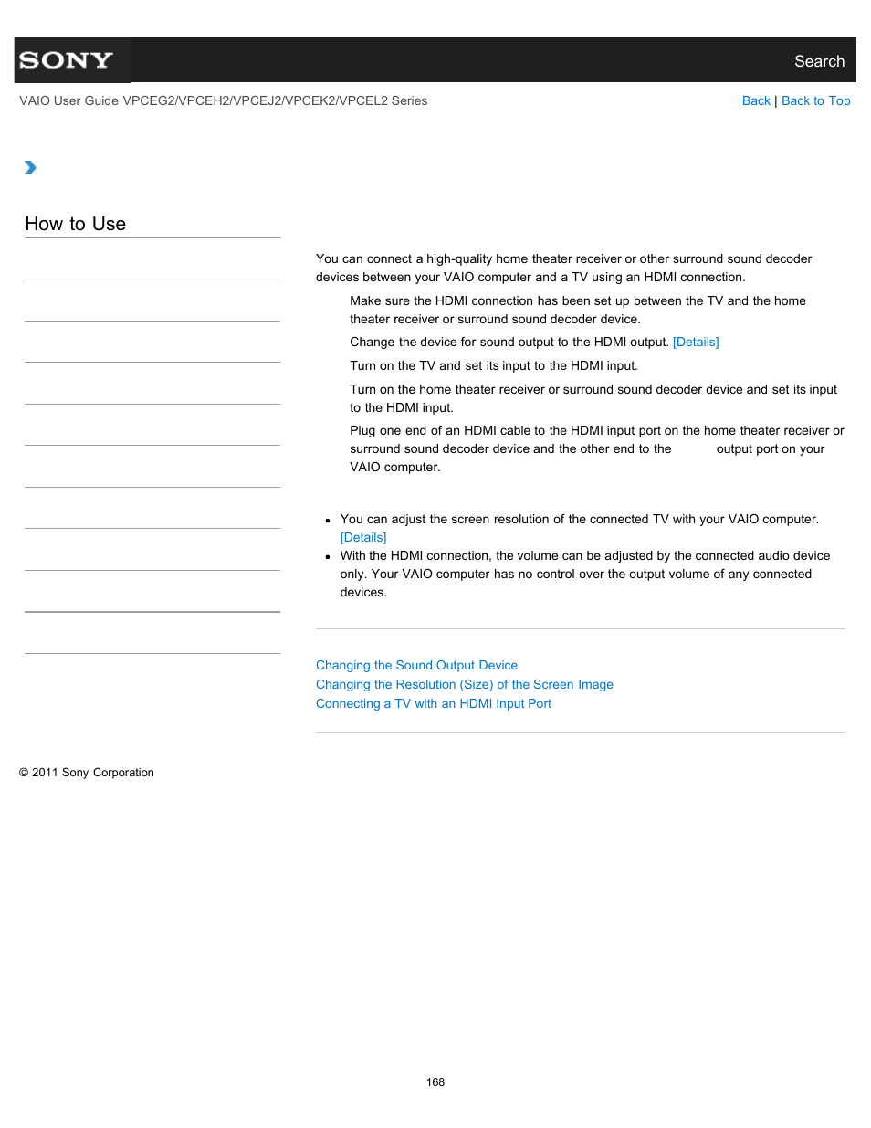 Computer and a tv, How to use | Sony VPCEL2 Series User Manual | Page 168 / 360