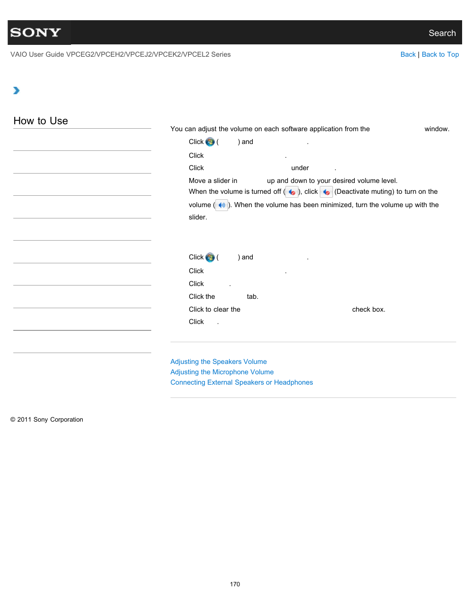 Adjusting the volume in windows, How to use | Sony VPCEL2 Series User Manual | Page 170 / 360