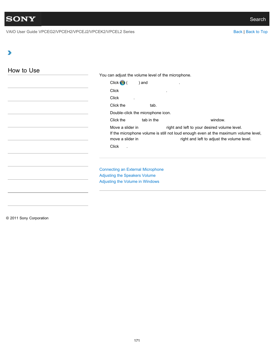 Adjusting the microphone volume, How to use | Sony VPCEL2 Series User Manual | Page 171 / 360