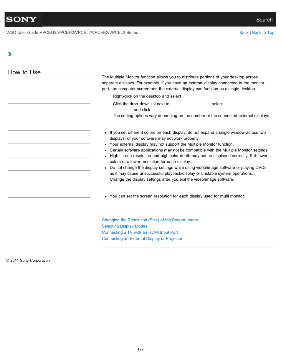 Using the multiple monitor function, How to use | Sony VPCEL2 Series User Manual | Page 172 / 360