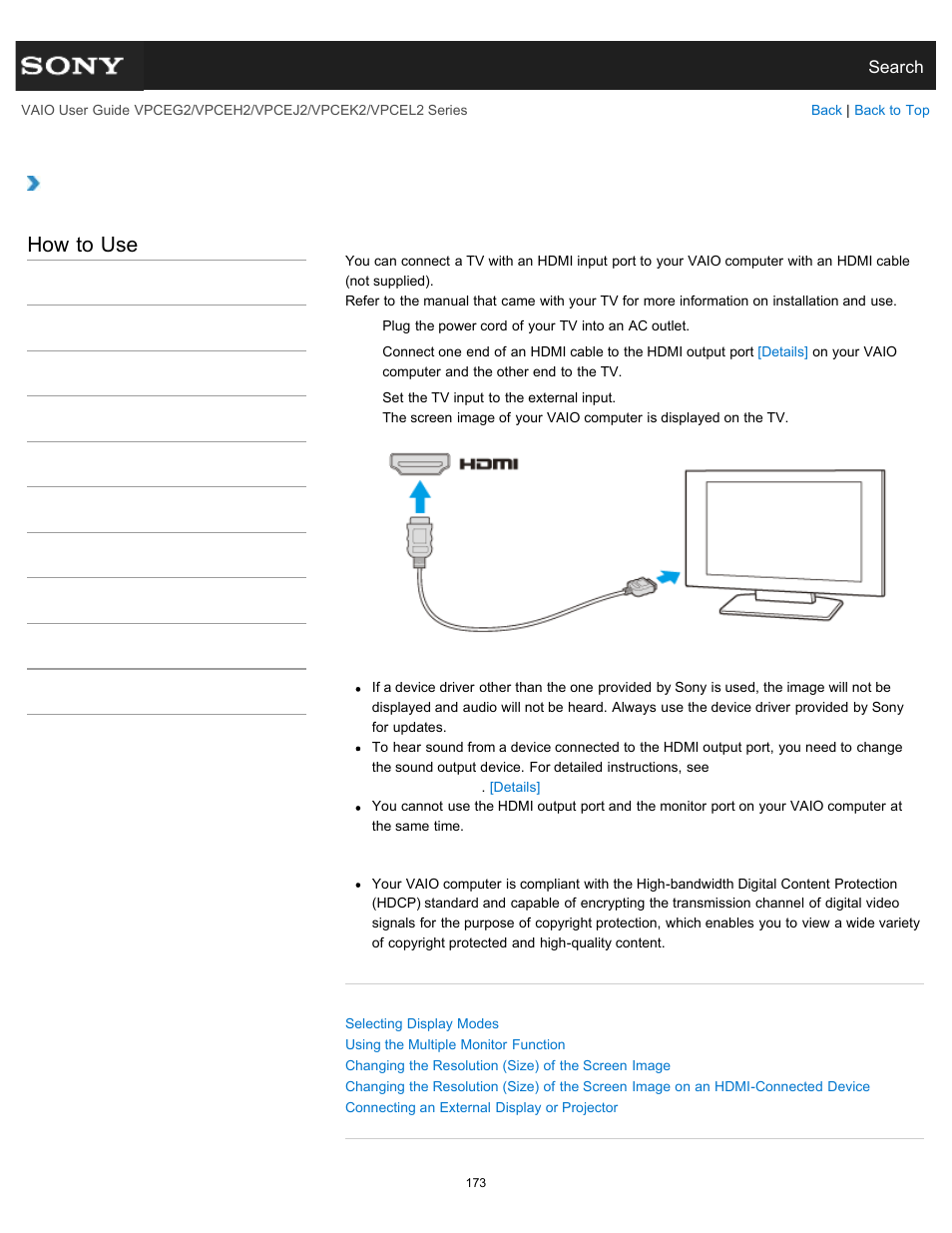 Connecting a tv with an hdmi input port, Details, How to use | Sony VPCEL2 Series User Manual | Page 173 / 360