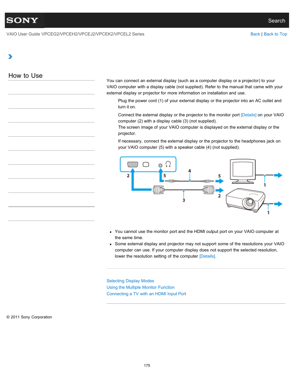 Connecting an external display or projector, Details, How to use | Sony VPCEL2 Series User Manual | Page 175 / 360