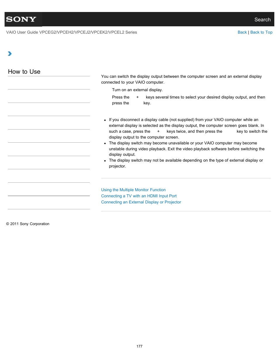 Selecting display modes, How to use | Sony VPCEL2 Series User Manual | Page 177 / 360
