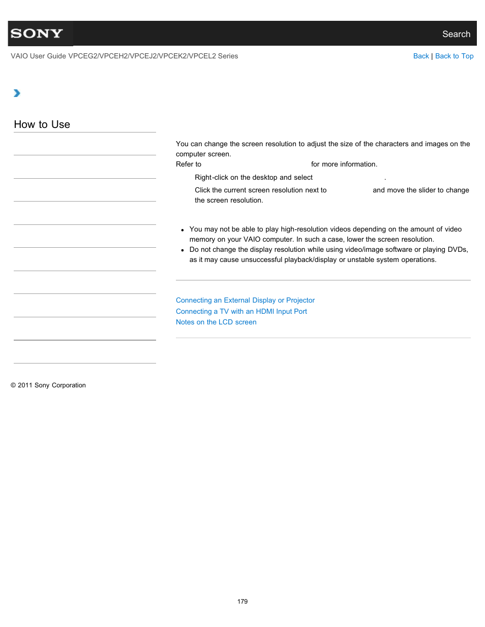 Changing the resolution (size) of the screen image, Details, How to use | Sony VPCEL2 Series User Manual | Page 179 / 360