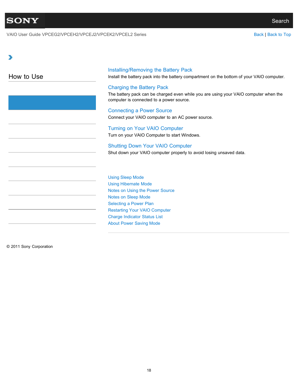 Power, How to use | Sony VPCEL2 Series User Manual | Page 18 / 360