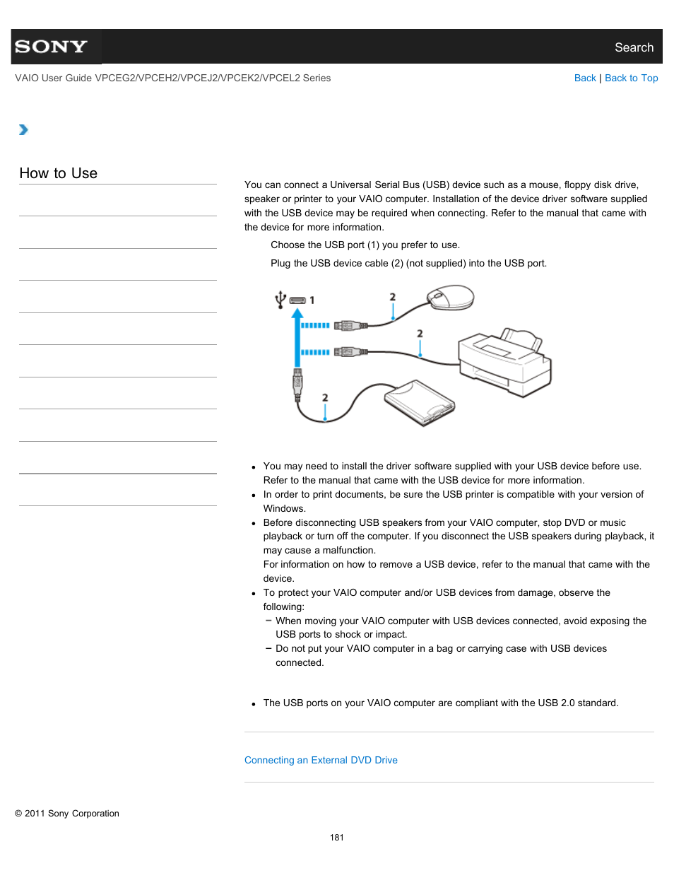Connecting a usb device, Details, How to use | Sony VPCEL2 Series User Manual | Page 181 / 360