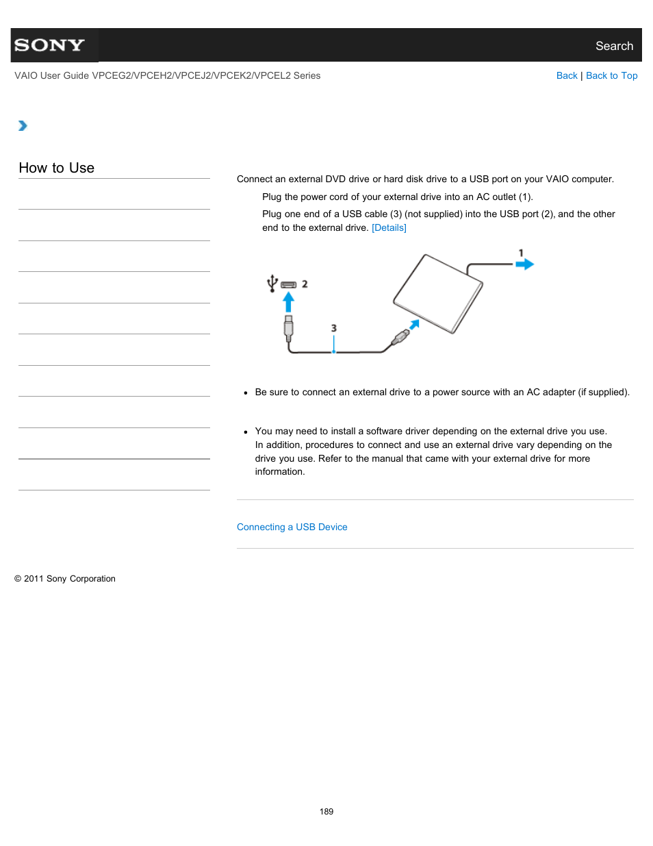 Connecting an external dvd drive, How to use | Sony VPCEL2 Series User Manual | Page 189 / 360