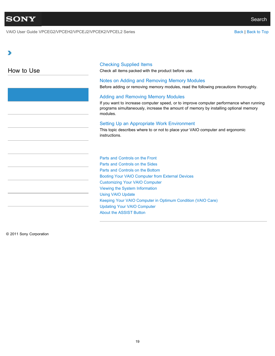 Vaio computer, How to use | Sony VPCEL2 Series User Manual | Page 19 / 360