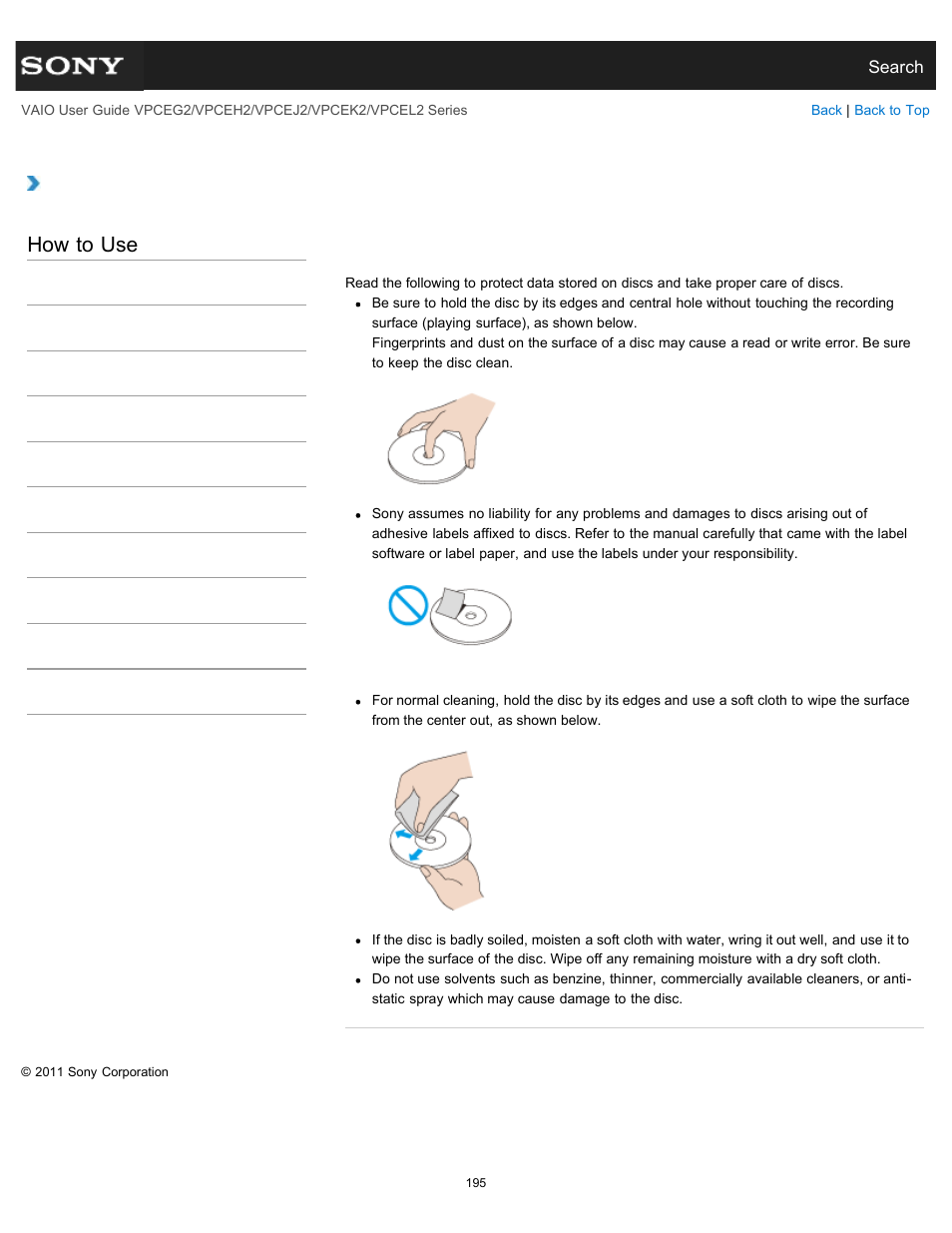 Handling discs<optical disc drive equipped models, How to use, Handling discs <optical disc drive equipped models | Sony VPCEL2 Series User Manual | Page 195 / 360