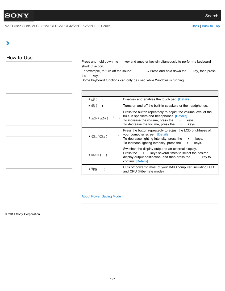 Combinations and functions with the fn key, How to use | Sony VPCEL2 Series User Manual | Page 197 / 360