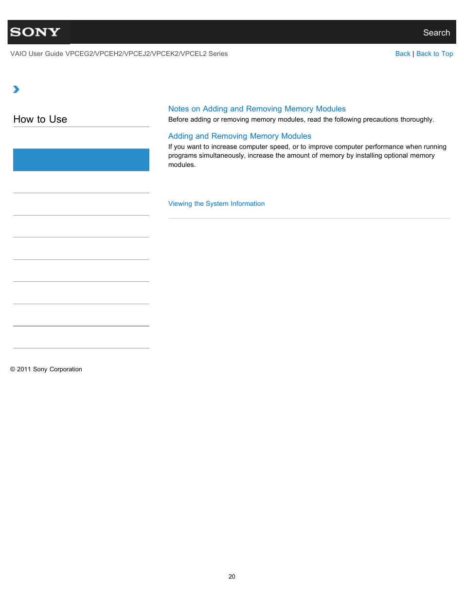 Memory module, How to use | Sony VPCEL2 Series User Manual | Page 20 / 360