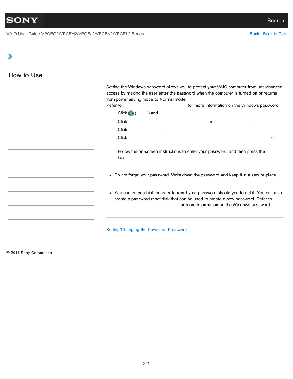 Creating/changing/removing your windows password, How to use | Sony VPCEL2 Series User Manual | Page 201 / 360