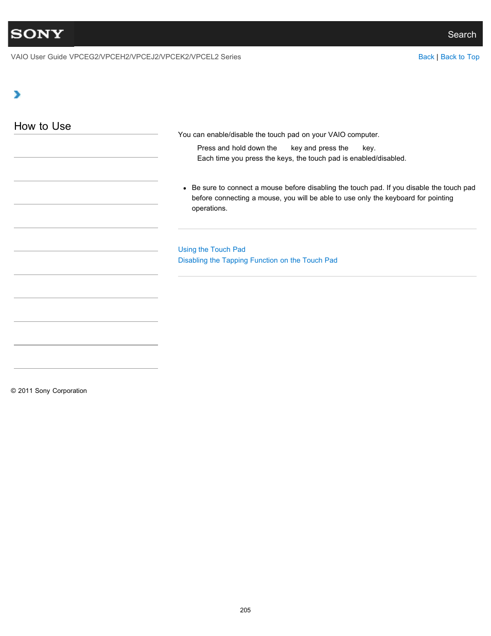 Enabling/disabling the touch pad, Details, How to use | Sony VPCEL2 Series User Manual | Page 205 / 360