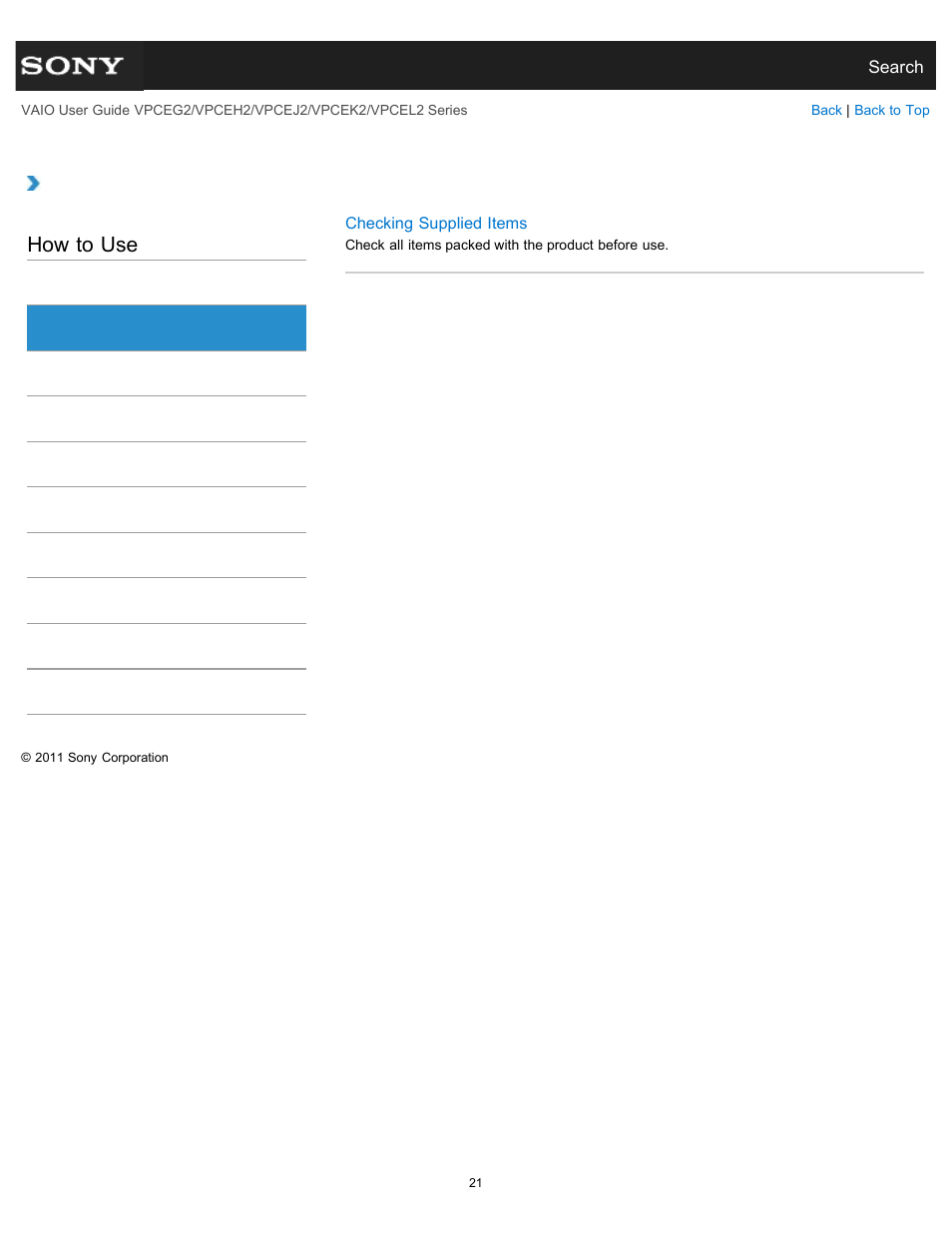 Supplied items, How to use | Sony VPCEL2 Series User Manual | Page 21 / 360