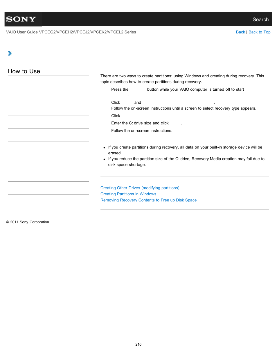 Creating partitions during recovery, Details, How to use | Sony VPCEL2 Series User Manual | Page 210 / 360