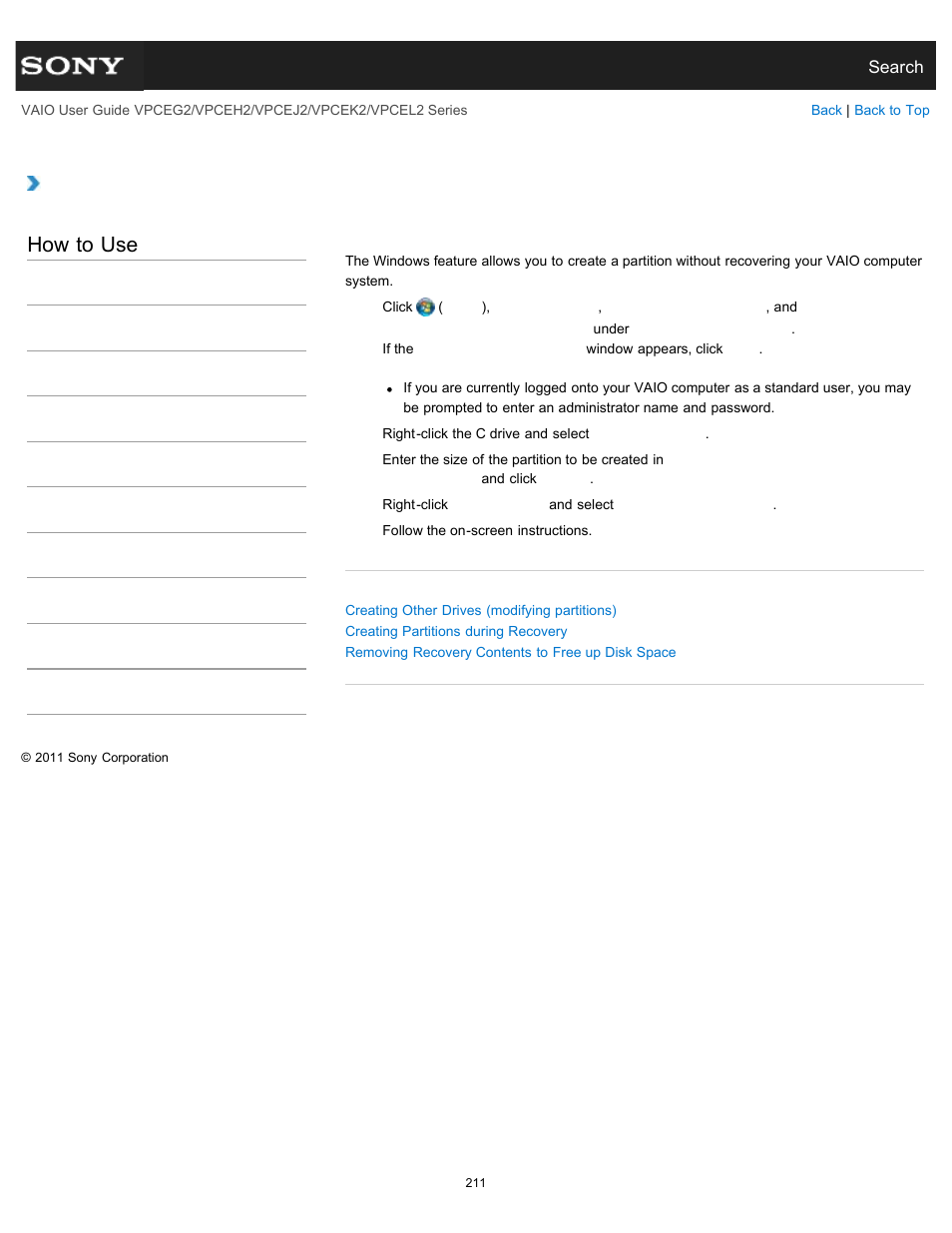 Creating partitions in windows, How to use | Sony VPCEL2 Series User Manual | Page 211 / 360