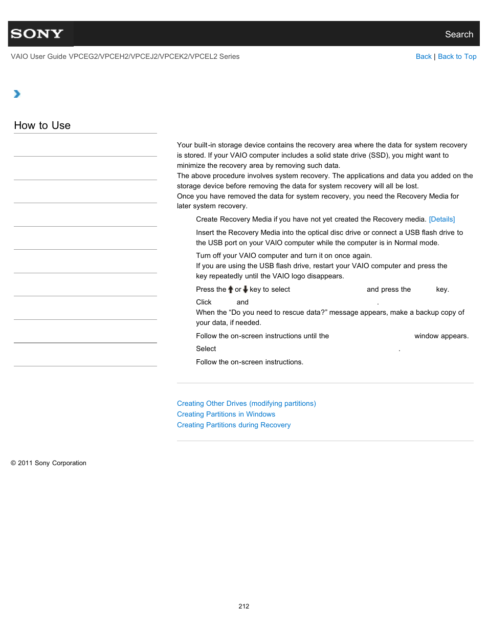 Removing recovery contents to free up disk space, How to use | Sony VPCEL2 Series User Manual | Page 212 / 360