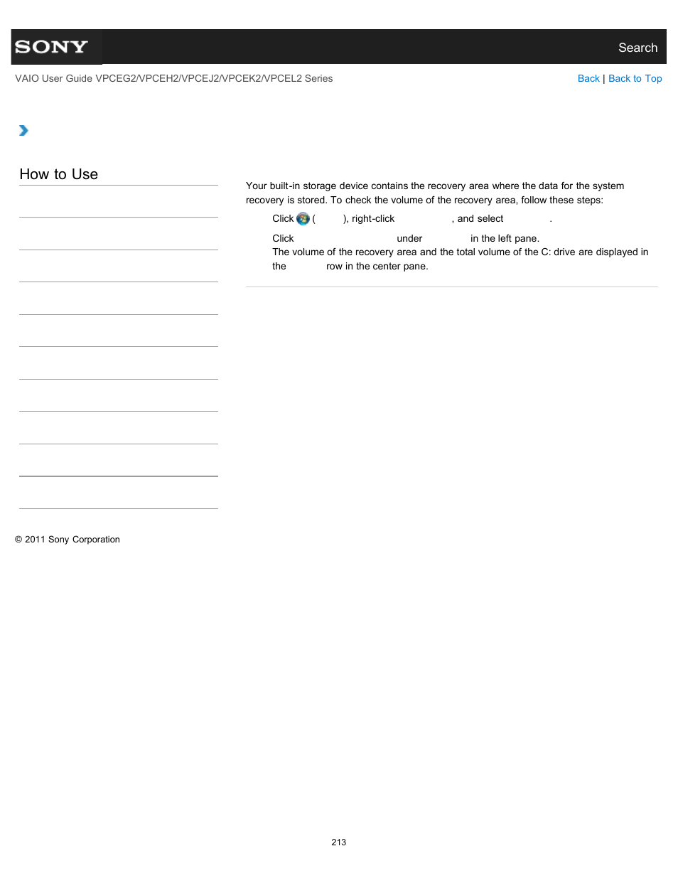 Checking the volume of the recovery area, How to use | Sony VPCEL2 Series User Manual | Page 213 / 360
