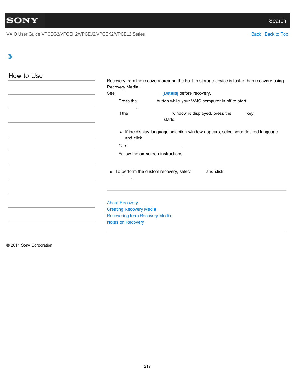 Recovering from the recovery area, Details, How to use | Sony VPCEL2 Series User Manual | Page 218 / 360
