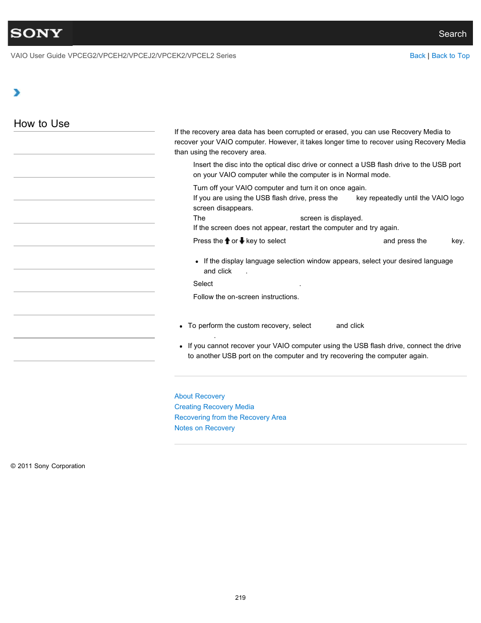 Recovering from recovery media, How to use | Sony VPCEL2 Series User Manual | Page 219 / 360