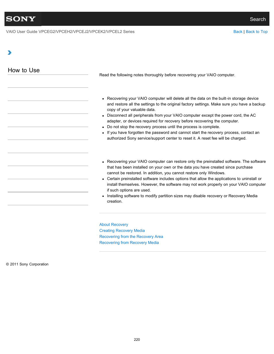 Notes on recovery, Details, How to use | Sony VPCEL2 Series User Manual | Page 220 / 360