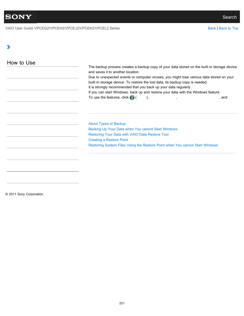 About backup, How to use | Sony VPCEL2 Series User Manual | Page 221 / 360