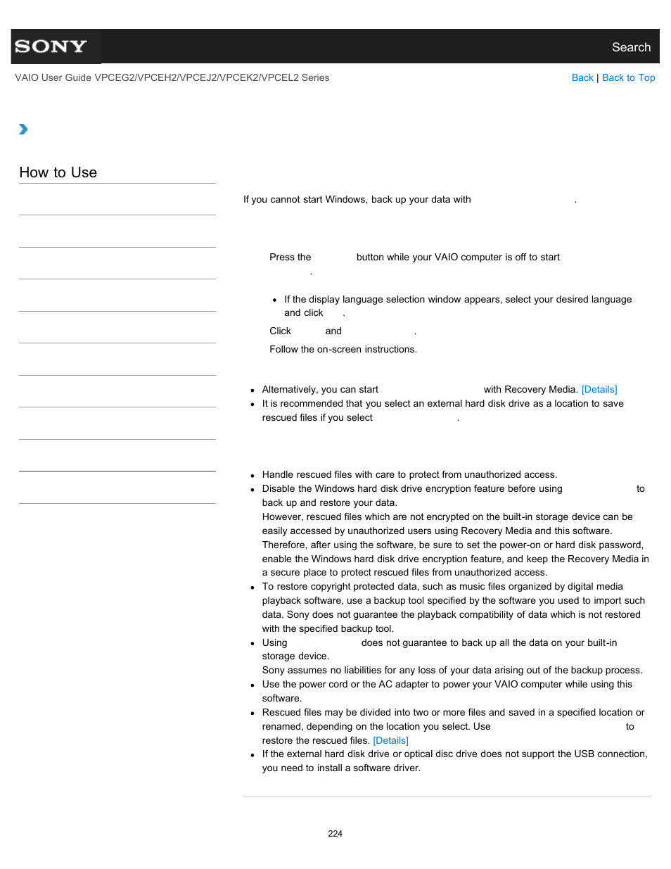 Backing up your data when you cannot start windows, How to use | Sony VPCEL2 Series User Manual | Page 224 / 360