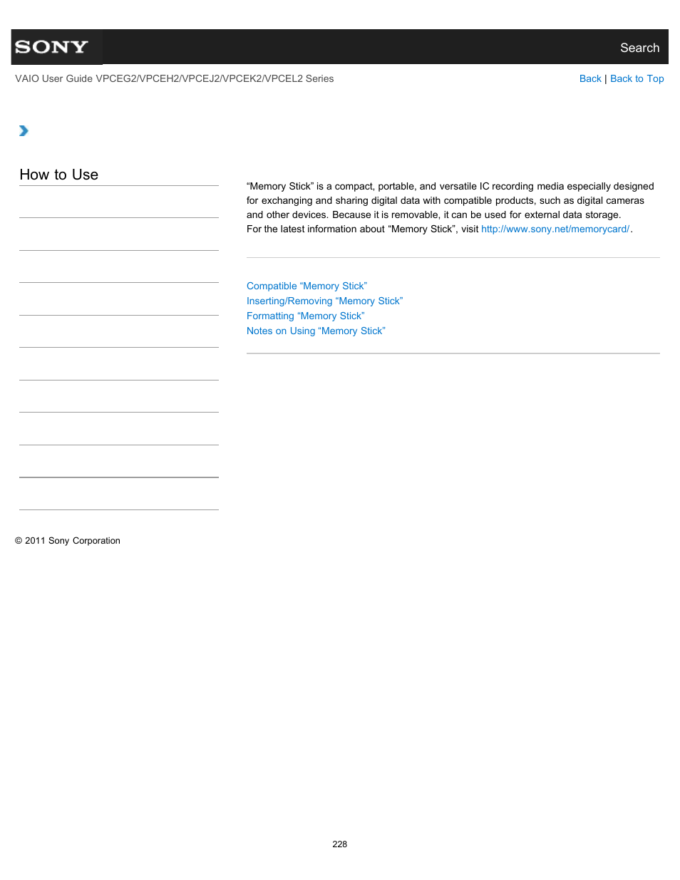 About “memory stick, How to use | Sony VPCEL2 Series User Manual | Page 228 / 360