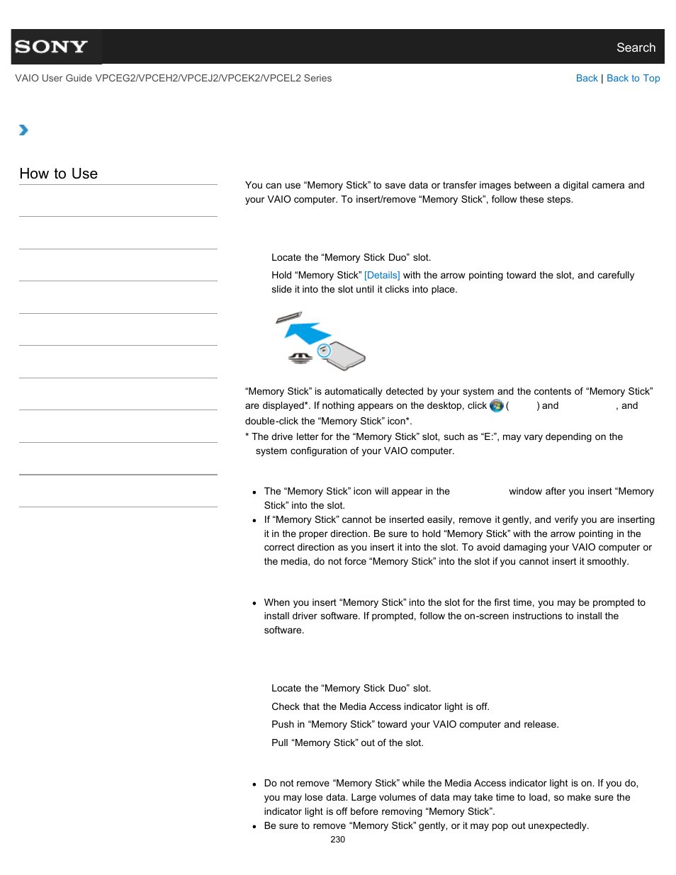 Inserting/removing “memory stick, Details, How to use | Sony VPCEL2 Series User Manual | Page 230 / 360