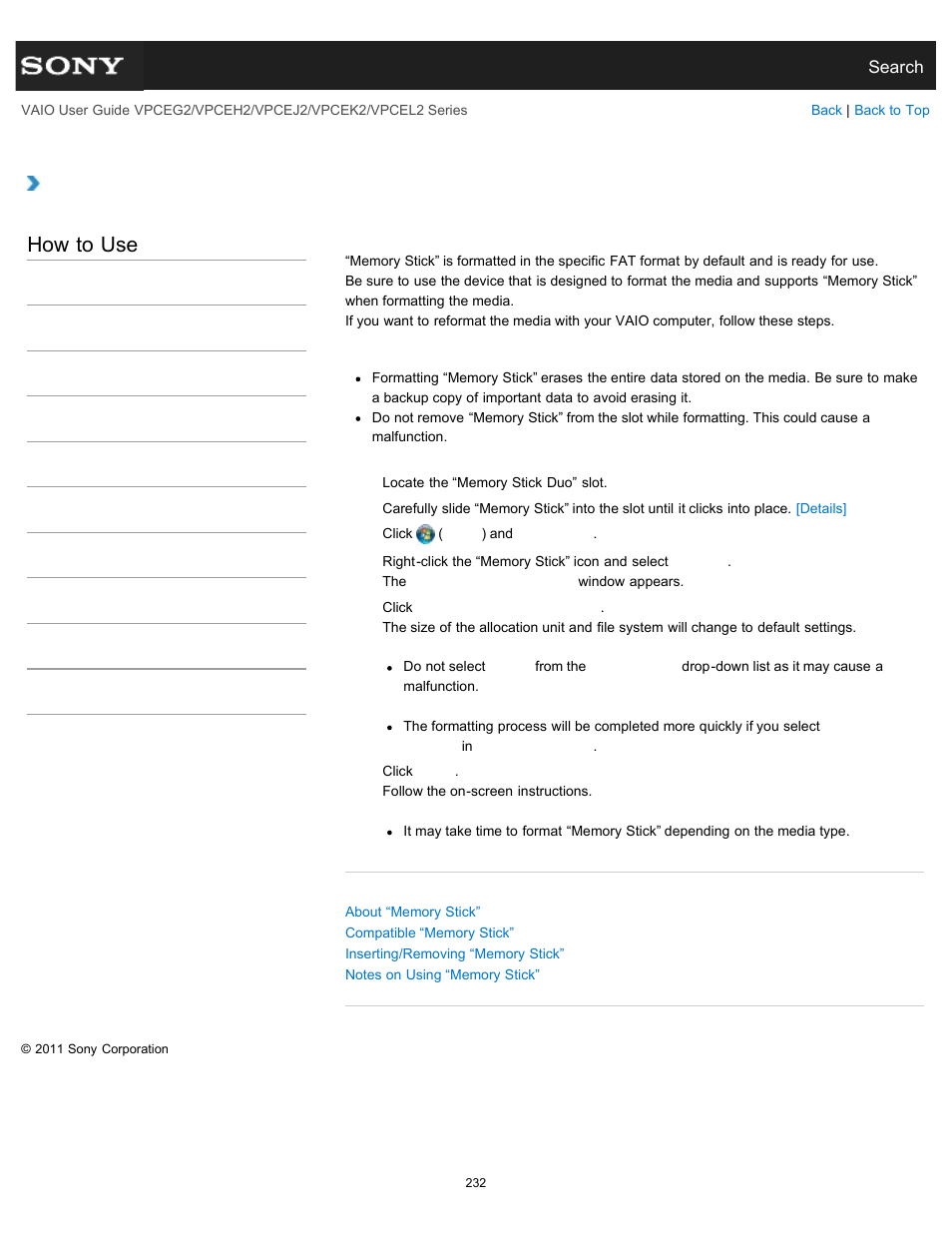 Formatting “memory stick, How to use | Sony VPCEL2 Series User Manual | Page 232 / 360