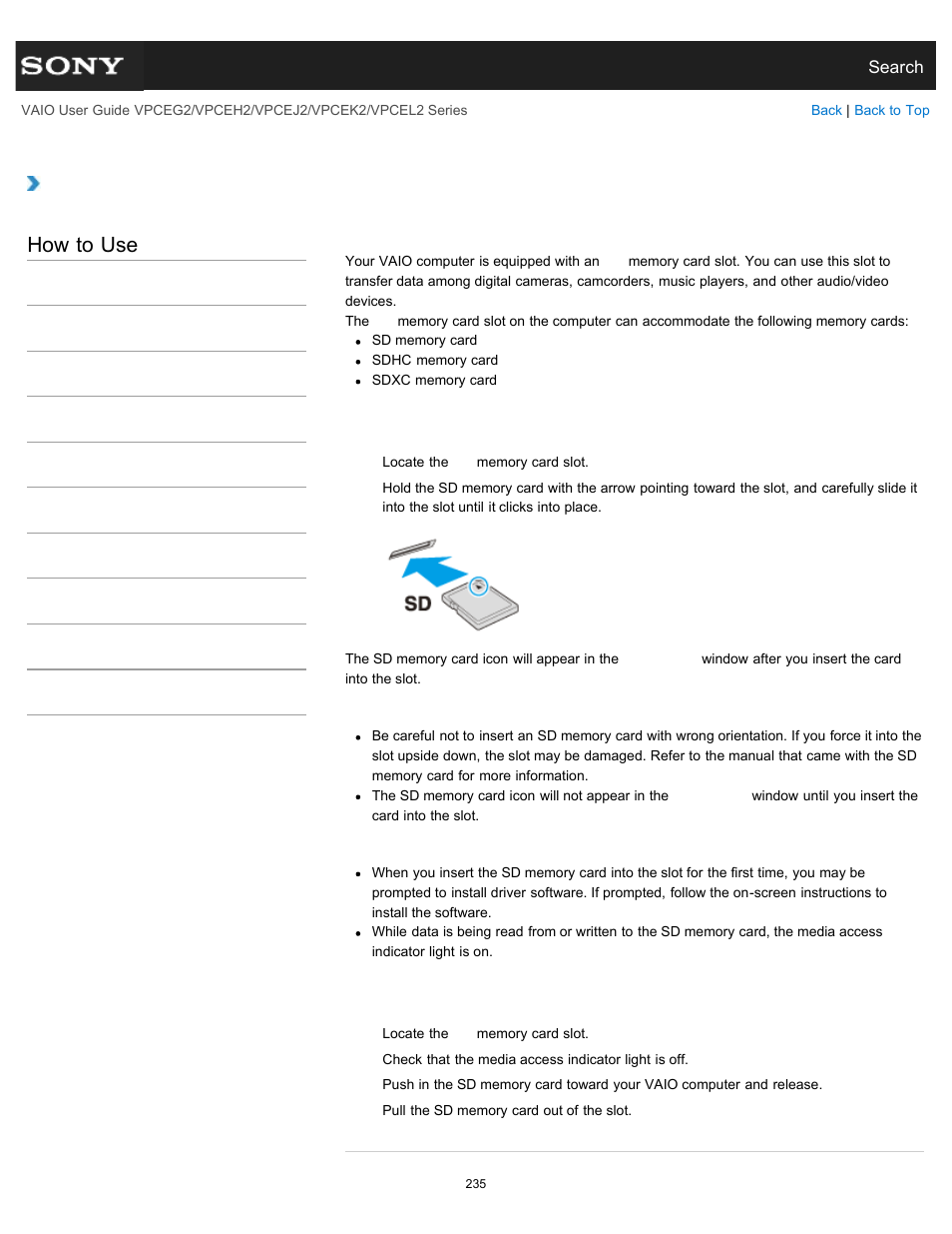 Inserting/removing sd memory cards, Details, How to use | Sony VPCEL2 Series User Manual | Page 235 / 360