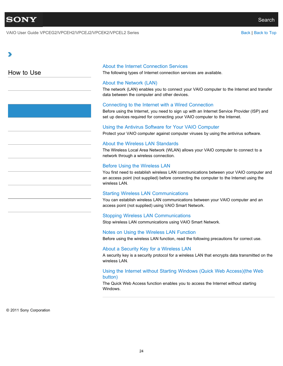 Internet, How to use | Sony VPCEL2 Series User Manual | Page 24 / 360