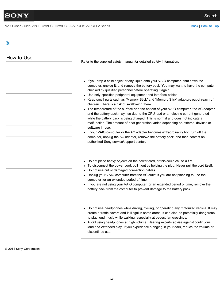 Safety information, How to use | Sony VPCEL2 Series User Manual | Page 240 / 360