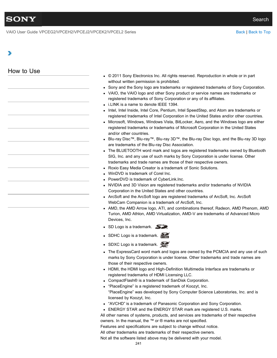 Trademarks, How to use | Sony VPCEL2 Series User Manual | Page 241 / 360