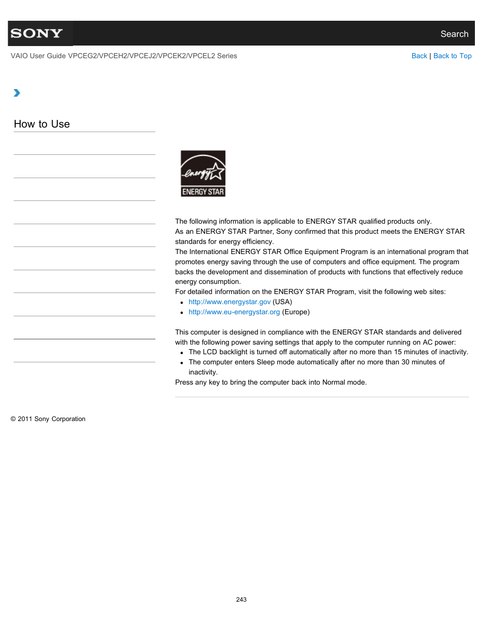 About the international energy star(r) program, How to use | Sony VPCEL2 Series User Manual | Page 243 / 360
